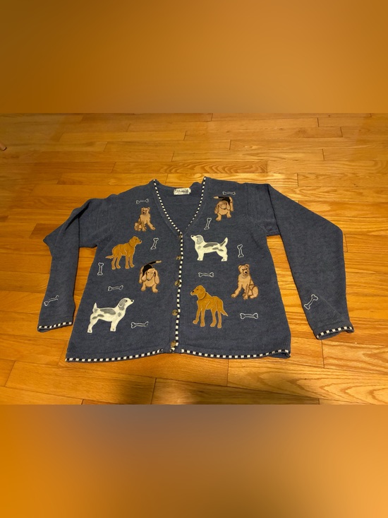 Fiberworks Quality Knitwear Sweaters - Vintage Fiberworks Quality Knitwear Dog Motif Navy Women's Cardigan Sweater M-L